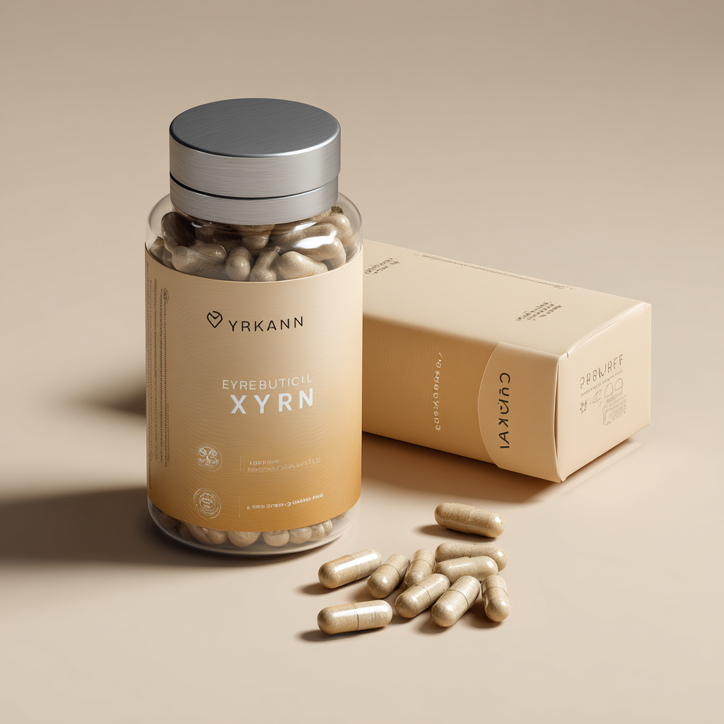 Професионална снимка на Erectoval Xryn - елегантна опаковка с капсули в реалистичен стил, разположена върху минимален медицински фон с топло осветление